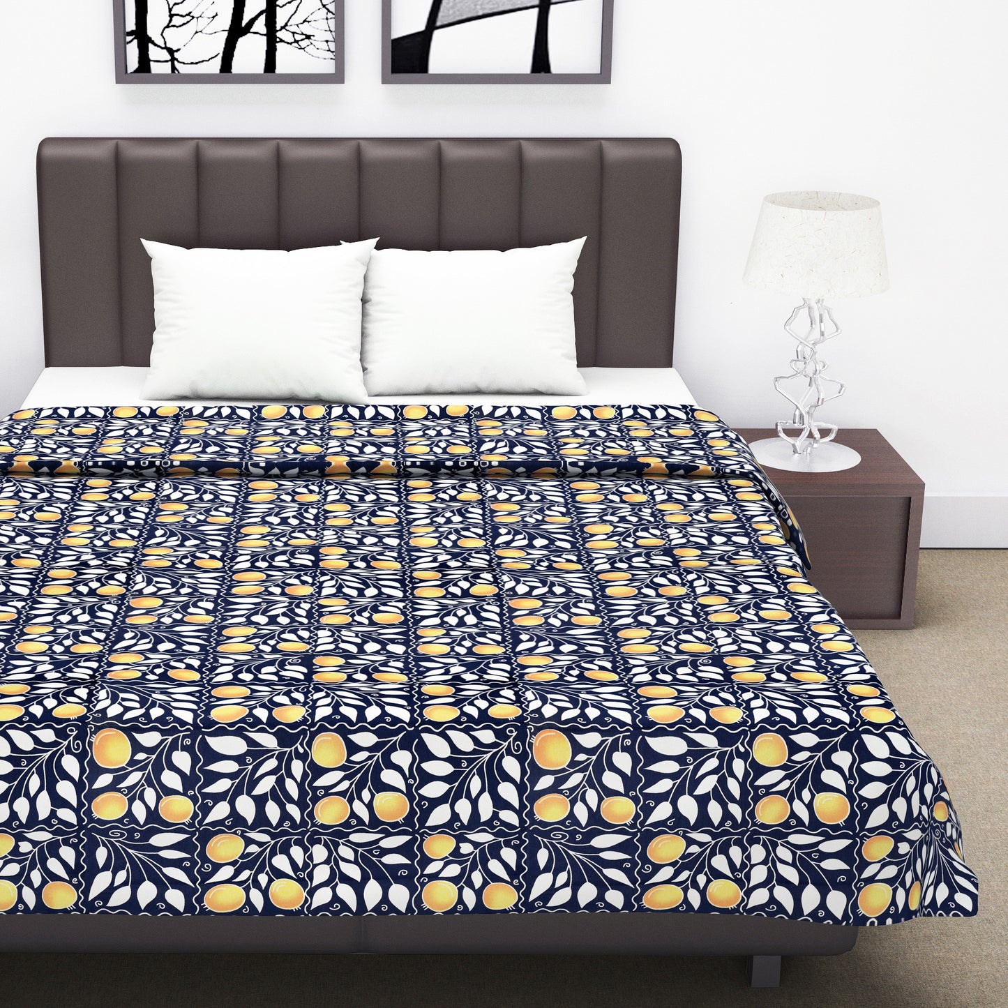 Navy Blue and Yellow 120 GSM Cotton Floral Pattern Double Bed AC Blanket Dohar for All Season