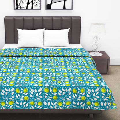 Grey and Yellow 120 GSM Cotton Floral Pattern Double Bed AC Blanket Dohar for All Season