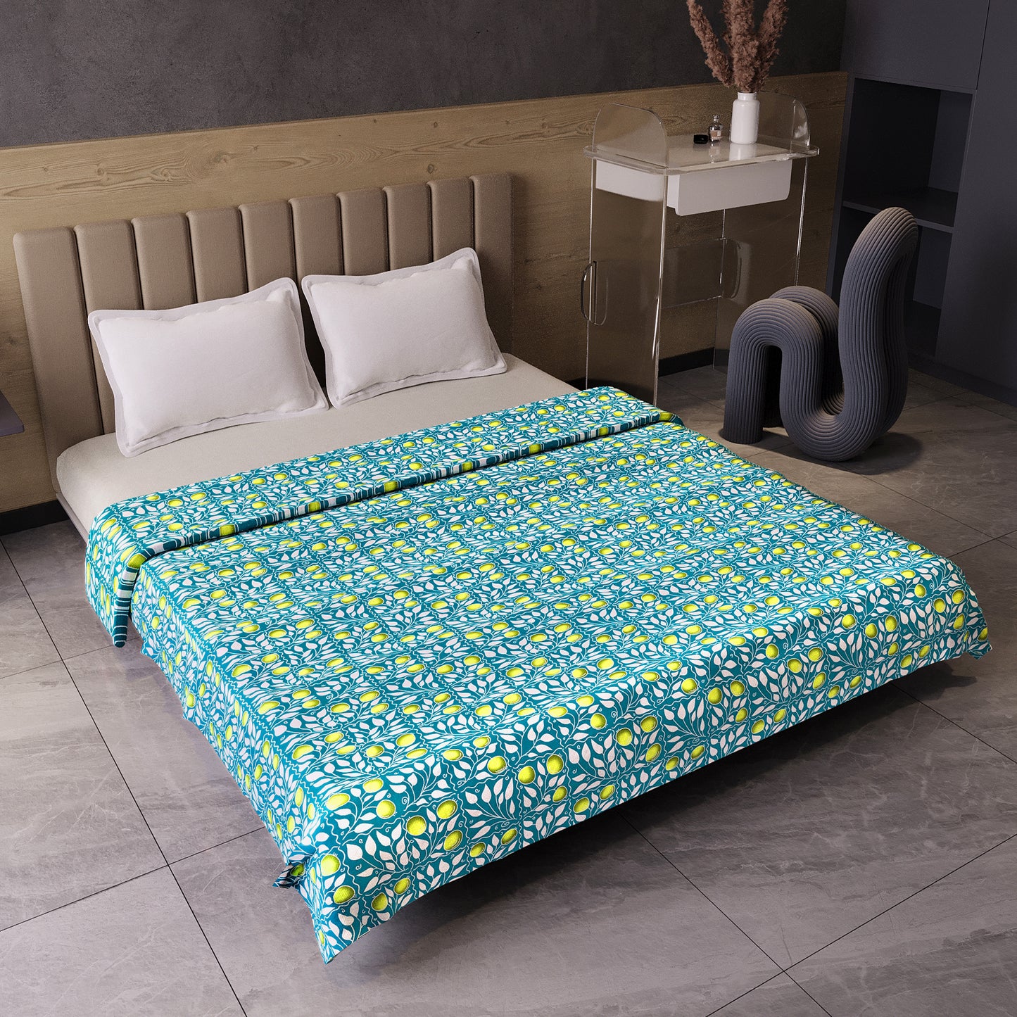 Grey and Yellow 120 GSM Cotton Floral Pattern Double Bed AC Blanket Dohar for All Season