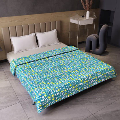 Grey and Yellow 120 GSM Cotton Floral Pattern Double Bed AC Blanket Dohar for All Season