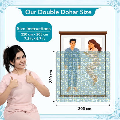 Grey and Yellow 120 GSM Cotton Floral Pattern Double Bed AC Blanket Dohar for All Season