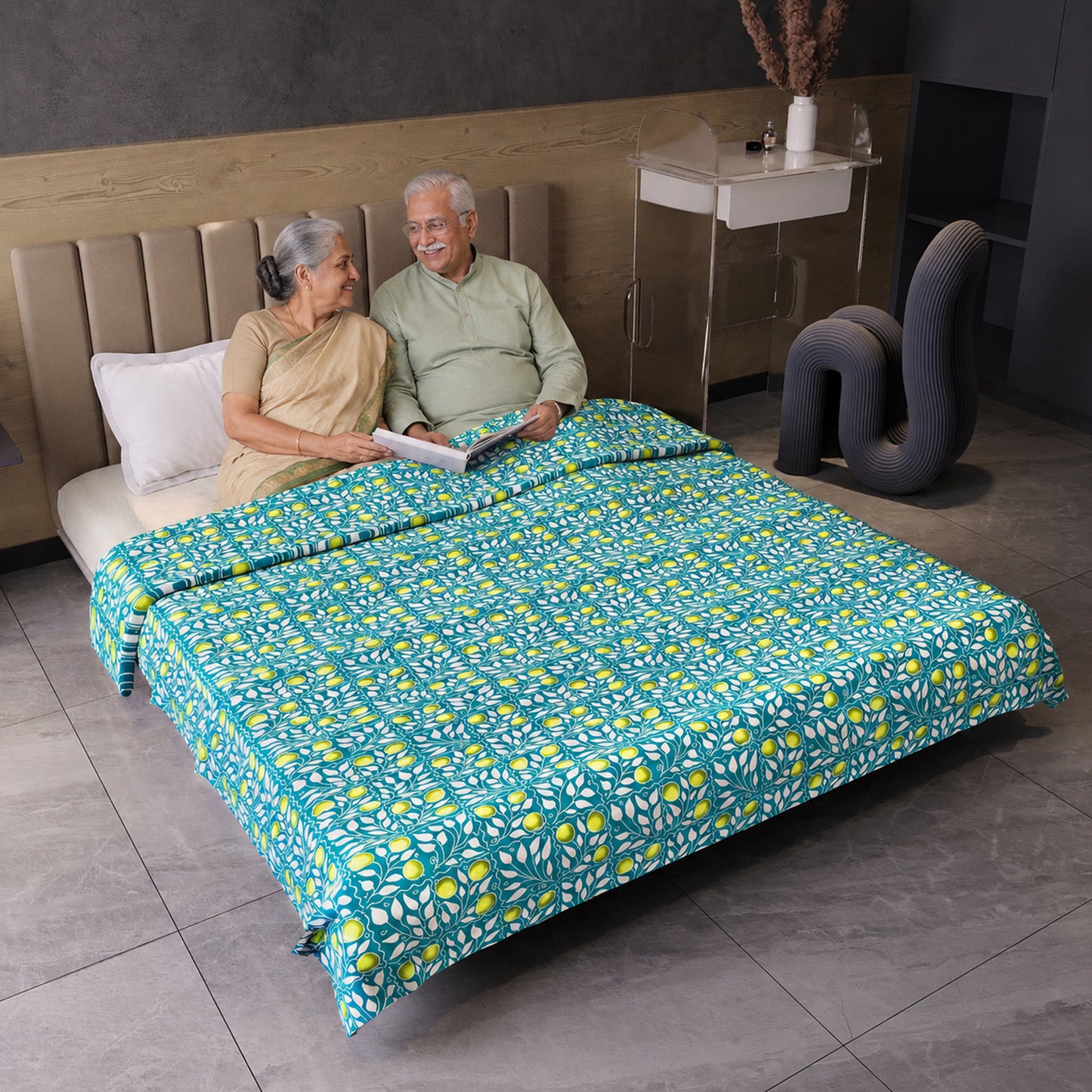 Grey and Yellow 120 GSM Cotton Floral Pattern Double Bed AC Blanket Dohar for All Season
