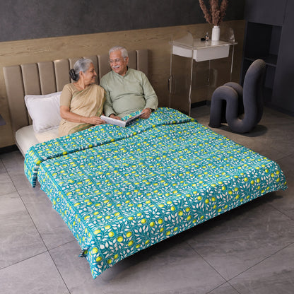 Grey and Yellow 120 GSM Cotton Floral Pattern Double Bed AC Blanket Dohar for All Season