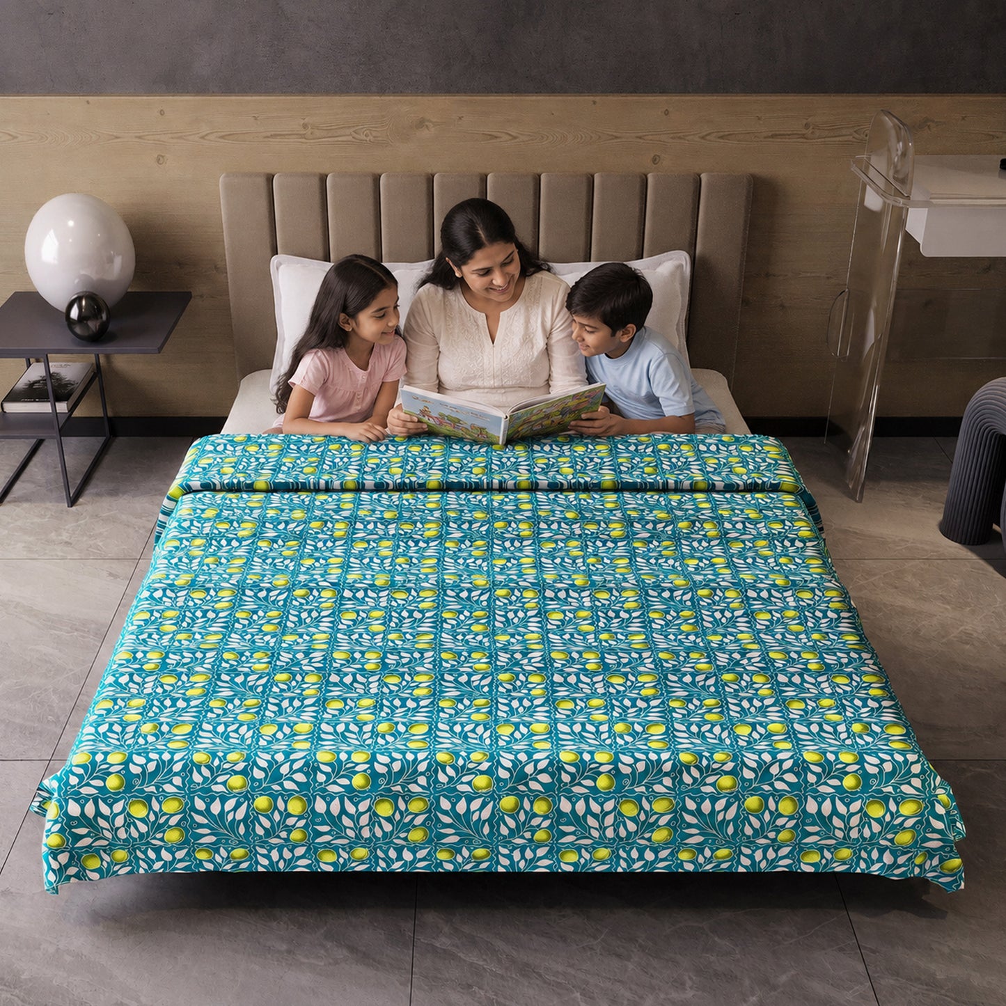 Grey and Yellow 120 GSM Cotton Floral Pattern Double Bed AC Blanket Dohar for All Season