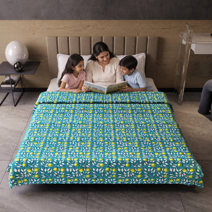 Grey and Yellow 120 GSM Cotton Floral Pattern Double Bed AC Blanket Dohar for All Season
