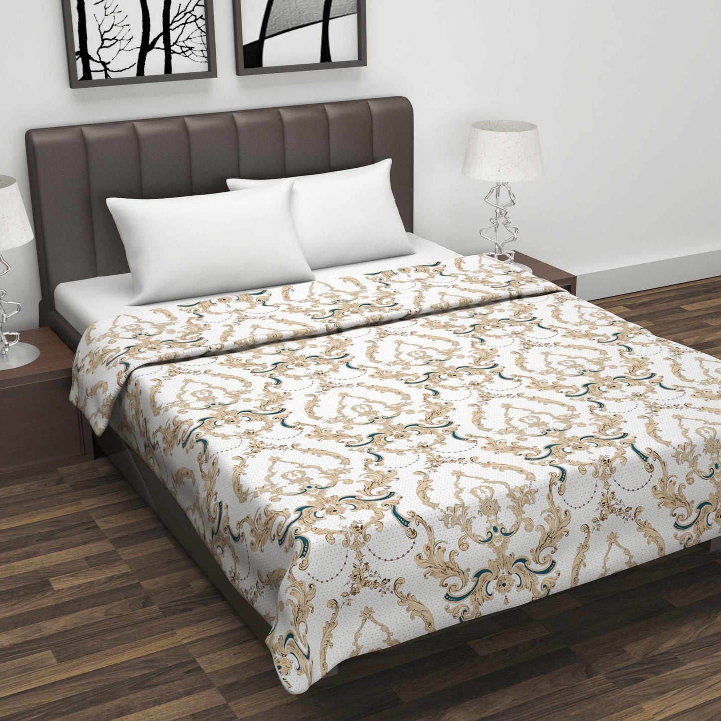 Beige and Brown 120 GSM Cotton Floral Double Bed AC Blanket Dohar for All Season