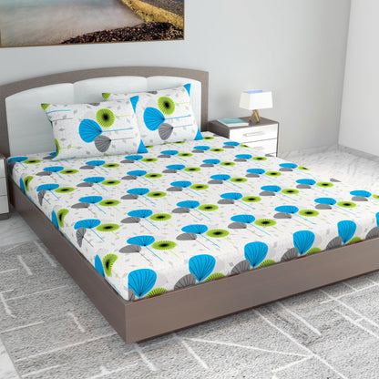 Green & Blue Geometric 144 TC Cotton King Bedsheet With 2 Pillowcovers