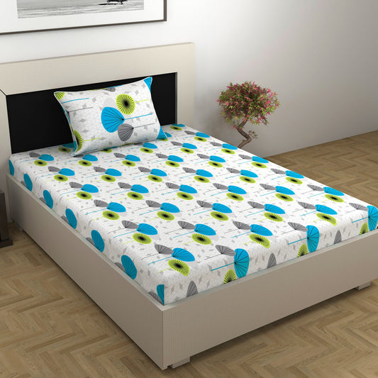 Green & Blue Geometric 144 TC Cotton Single Bedsheet With 1 Pillowcover