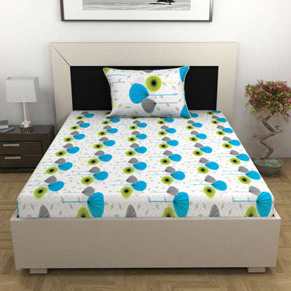 Green & Blue Geometric 144 TC Cotton Single Bedsheet With 1 Pillowcover