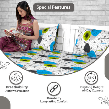 Green & Blue Geometric 144 TC Cotton King Bedsheet With 2 Pillowcovers