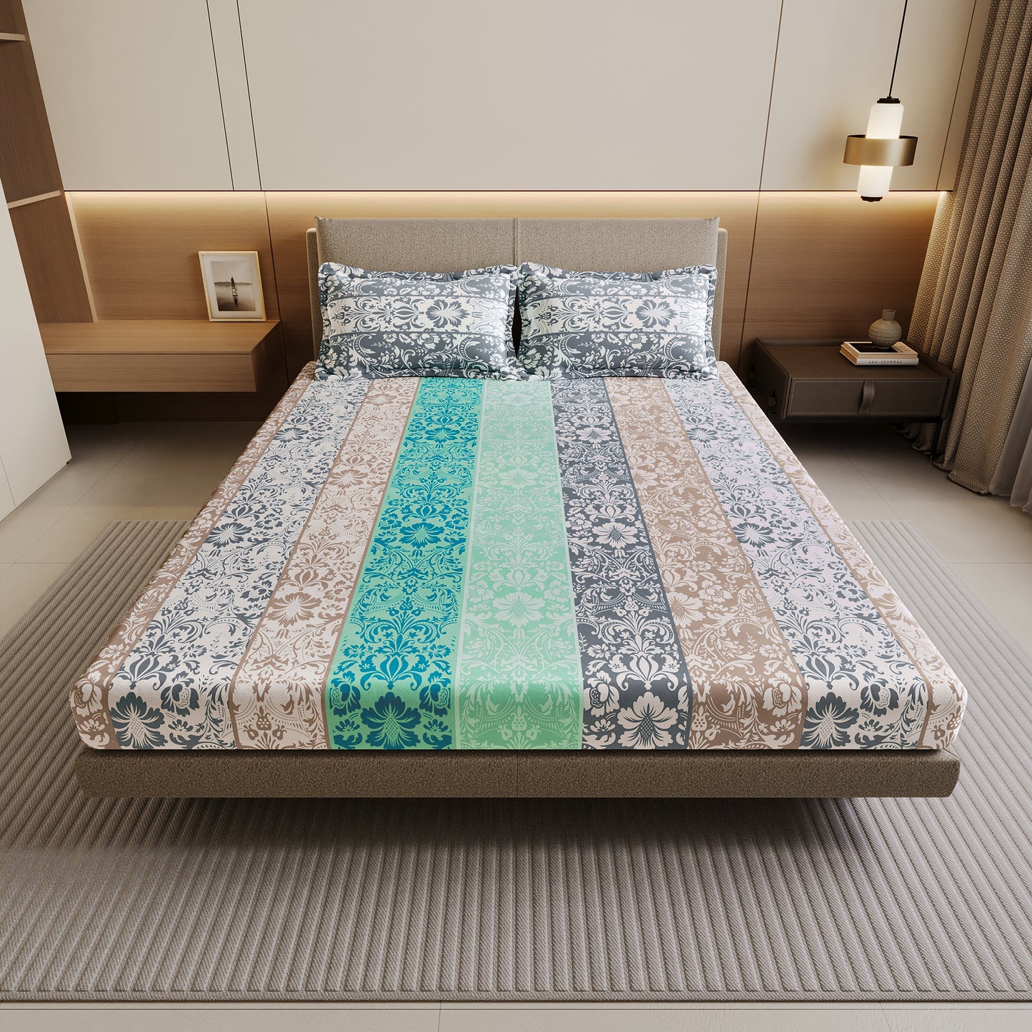 Grey and Blue Floral Bedsheet For Double Bed