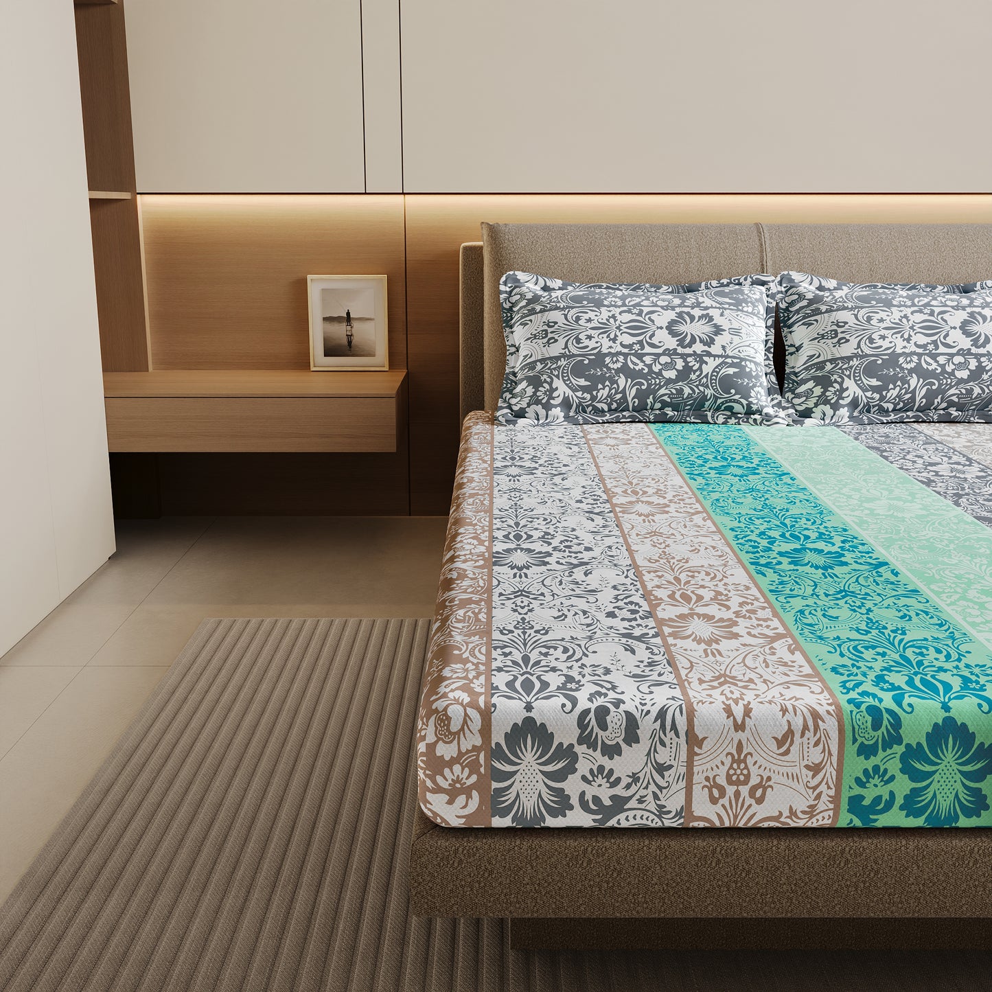 Grey and Blue Floral Bedsheet For Double Bed
