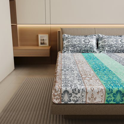 Grey and Blue Floral Bedsheet For Double Bed