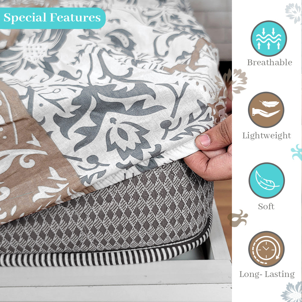 Grey & Blue Floral Elastic Fitted Bedsheet for Double Bed