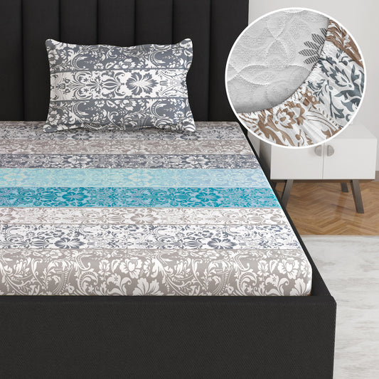 Floral Print Grey Elastic Fitted Bedsheet For Single Bed