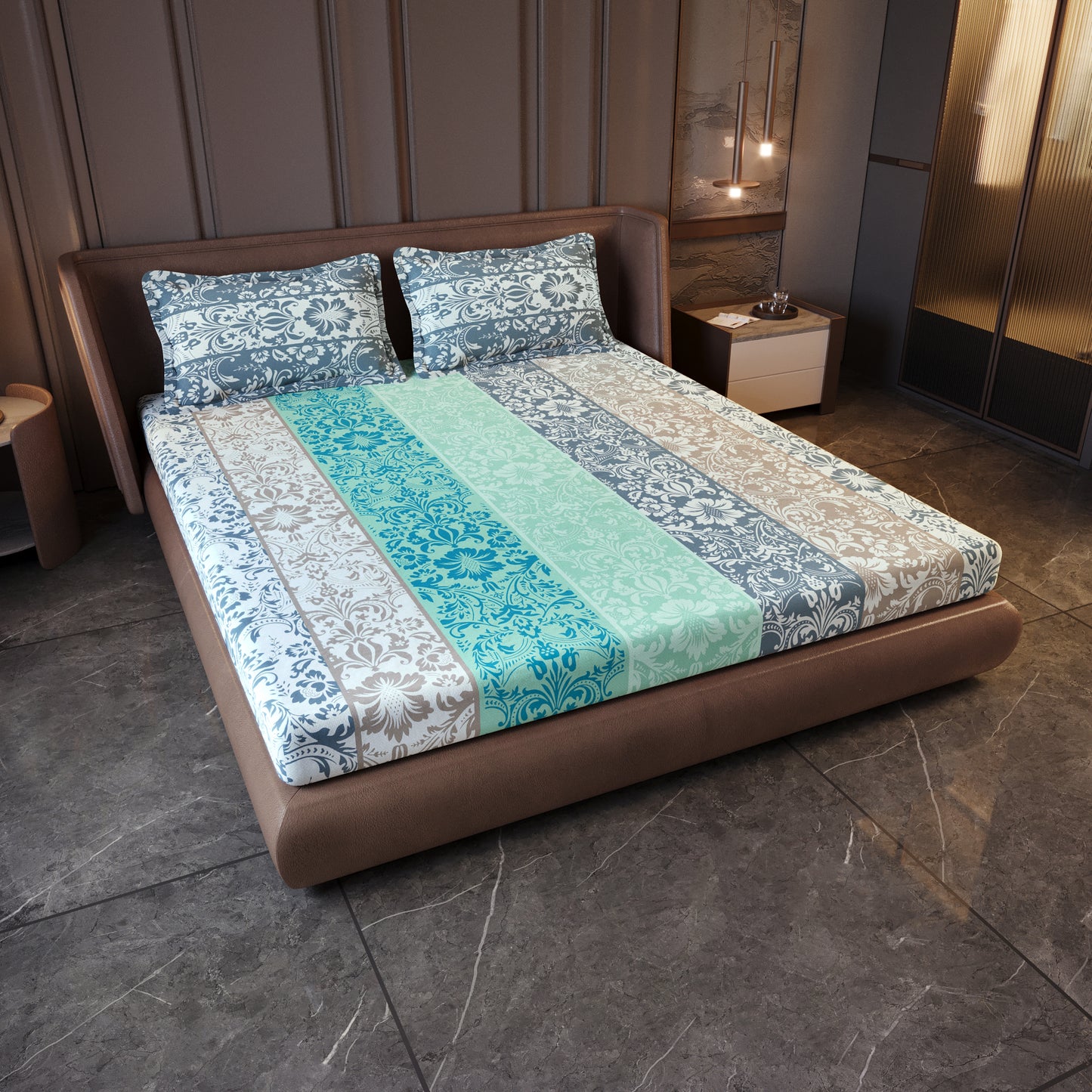 Grey & Blue Floral 144 TC Cotton King Bedsheet With 2 Pillowcovers