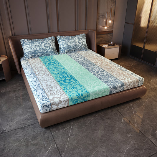 Grey & Blue Floral 144 TC Cotton King Bedsheet With 2 Pillowcovers