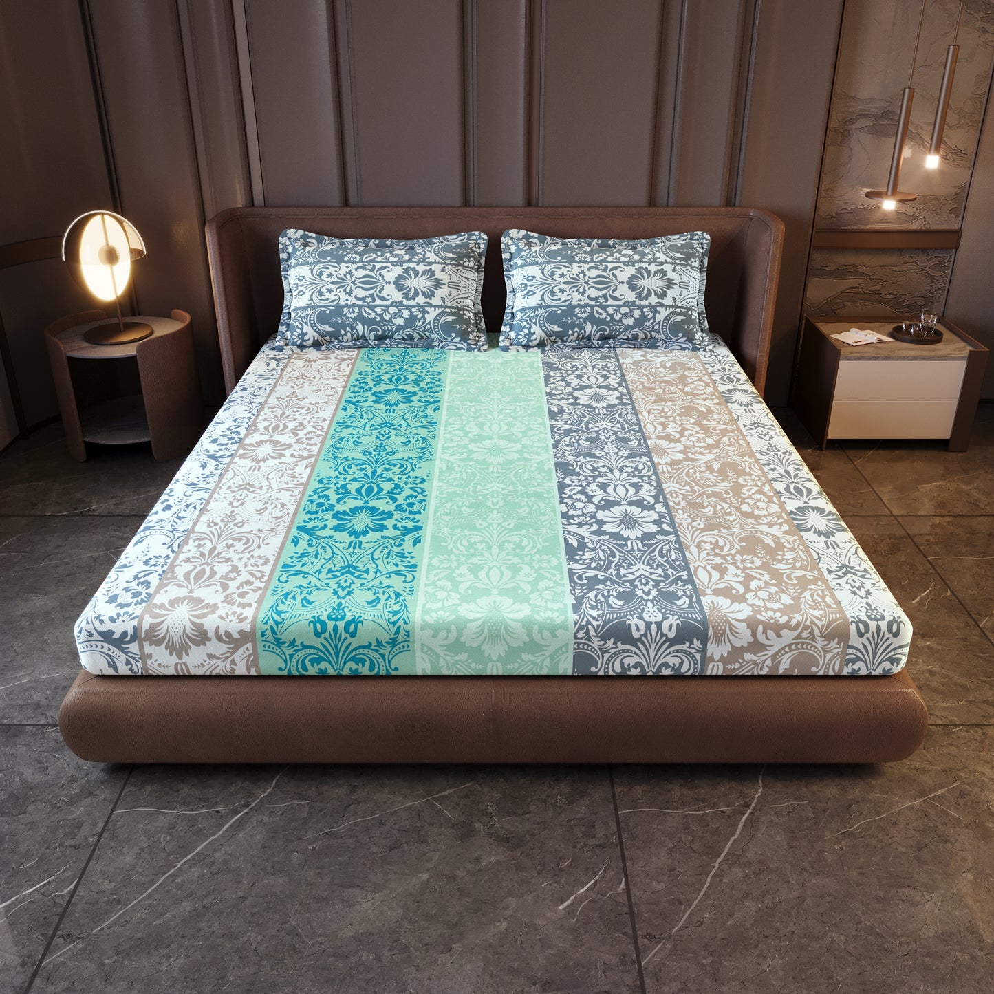 Grey & Blue Floral 144 TC Cotton King Bedsheet With 2 Pillowcovers