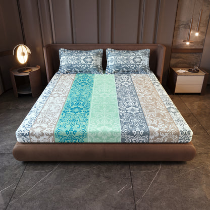 Grey & Blue Floral 144 TC Cotton King Bedsheet With 2 Pillowcovers