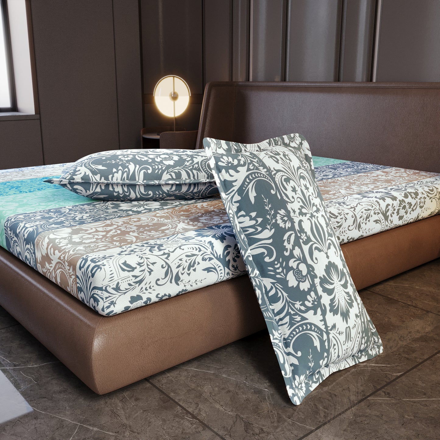 Grey & Blue Floral 144 TC Cotton King Bedsheet With 2 Pillowcovers