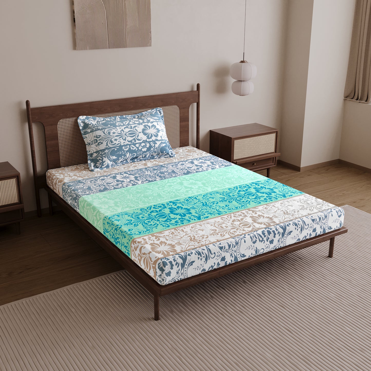 Grey & Blue Floral 144 TC Cotton Single Bedsheet With 1 Pillowcover