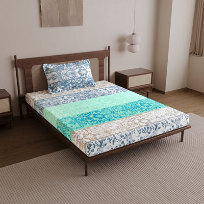Grey & Blue Floral 144 TC Cotton Single Bedsheet With 1 Pillowcover