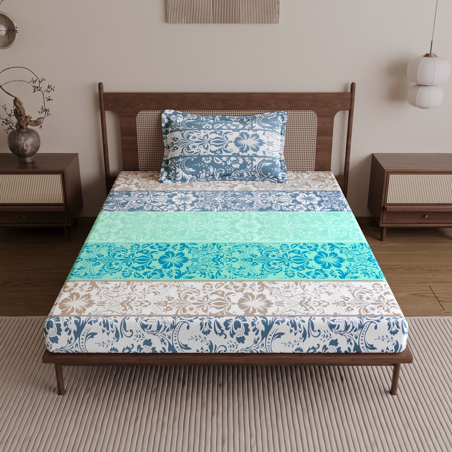 Grey & Blue Floral 144 TC Cotton Single Bedsheet With 1 Pillowcover
