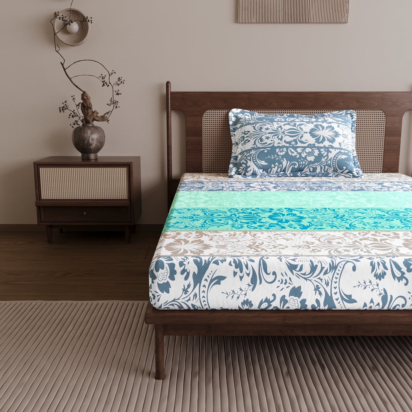 Grey & Blue Floral 144 TC Cotton Single Bedsheet With 1 Pillowcover