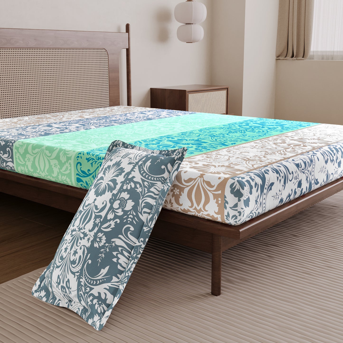 Grey & Blue Floral 144 TC Cotton Single Bedsheet With 1 Pillowcover