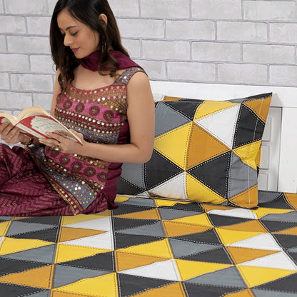 Gold Grey Geometric 144 TC Polycotton Single Bedsheet With 1 Pillowcover