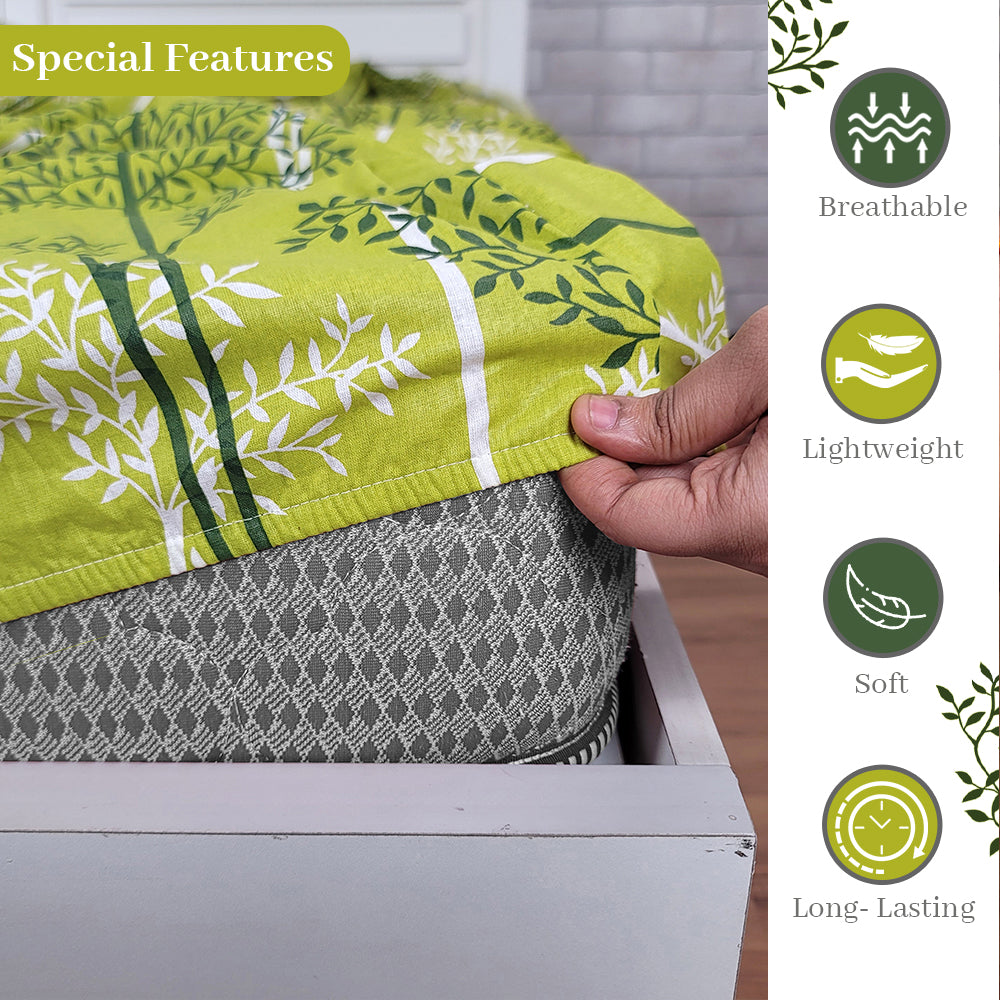 Green & White Leaf Tree Elastic Fitted Double Bed Bedsheet