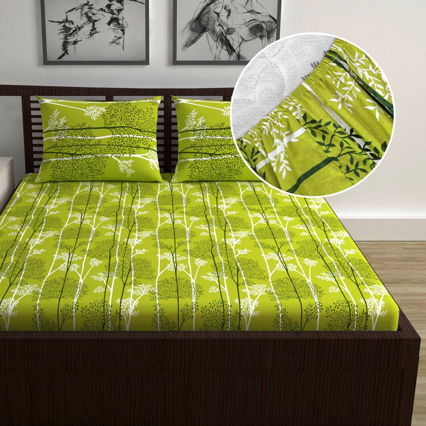 Green Leaf Tree Elastic Fitted Double Bed Bedsheet