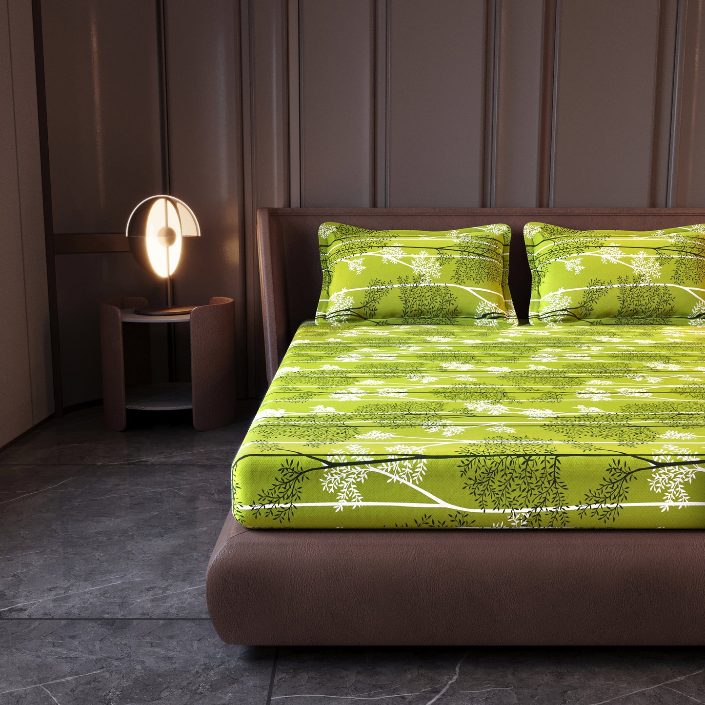 Green & White Leaf Tree King Size Bedsheet