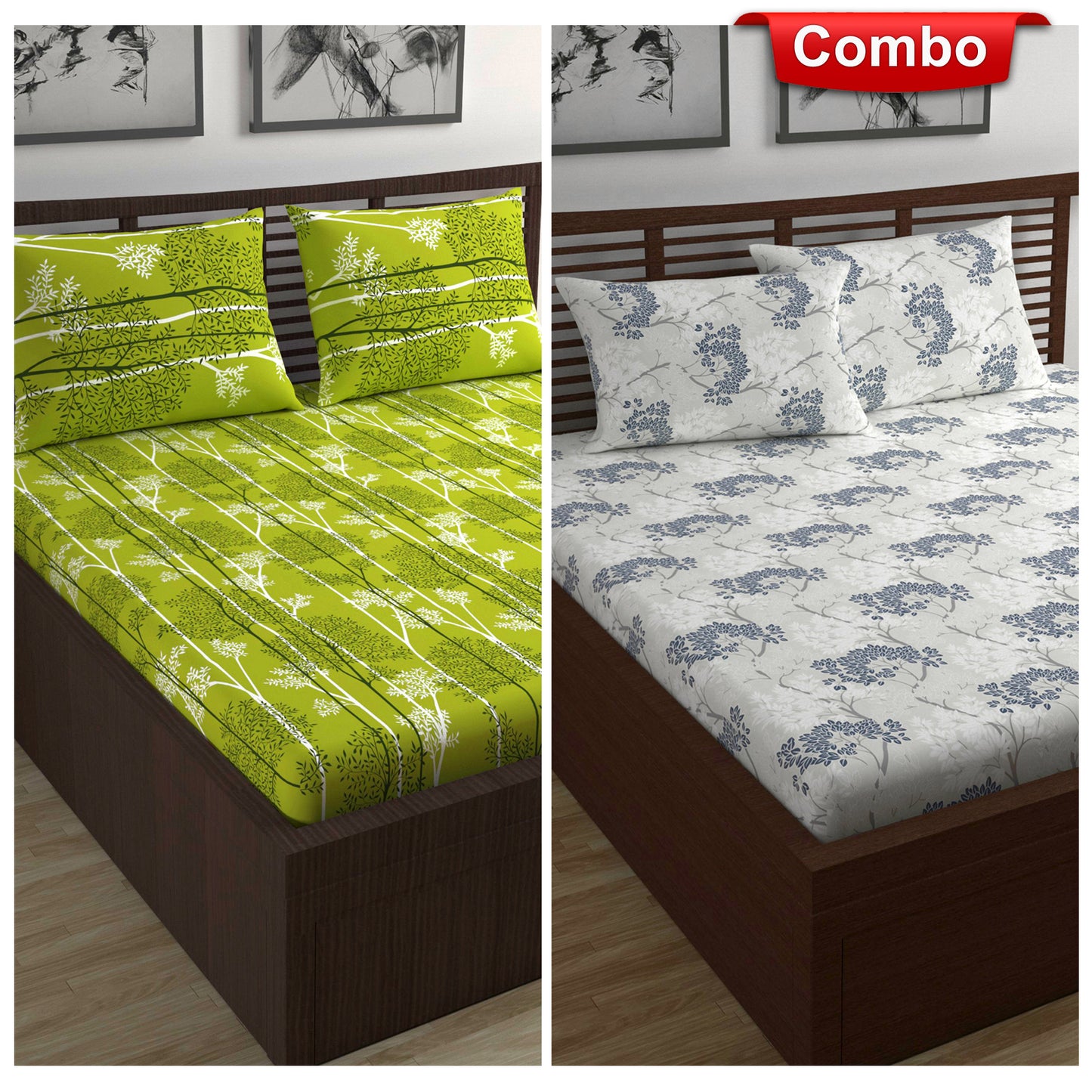 Green and Grey Floral Print Elastic Fitted Combo Bedsheet For Double Bed
