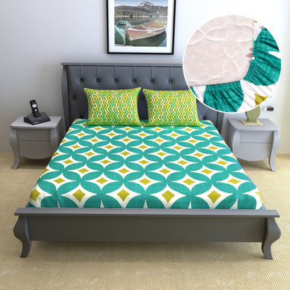 Green 144 TC Cotton Abstract Print Double Bed Elastic Fitted Bedsheet with 2 Pillow Cover
