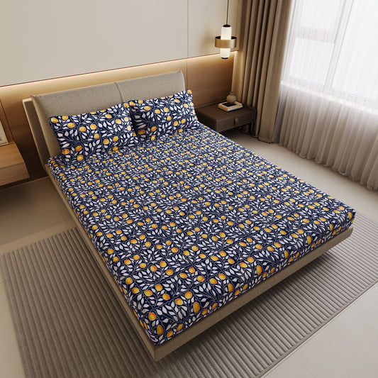 Navy & Orange Clementine Pattern Pure Cotton Double Bedsheet