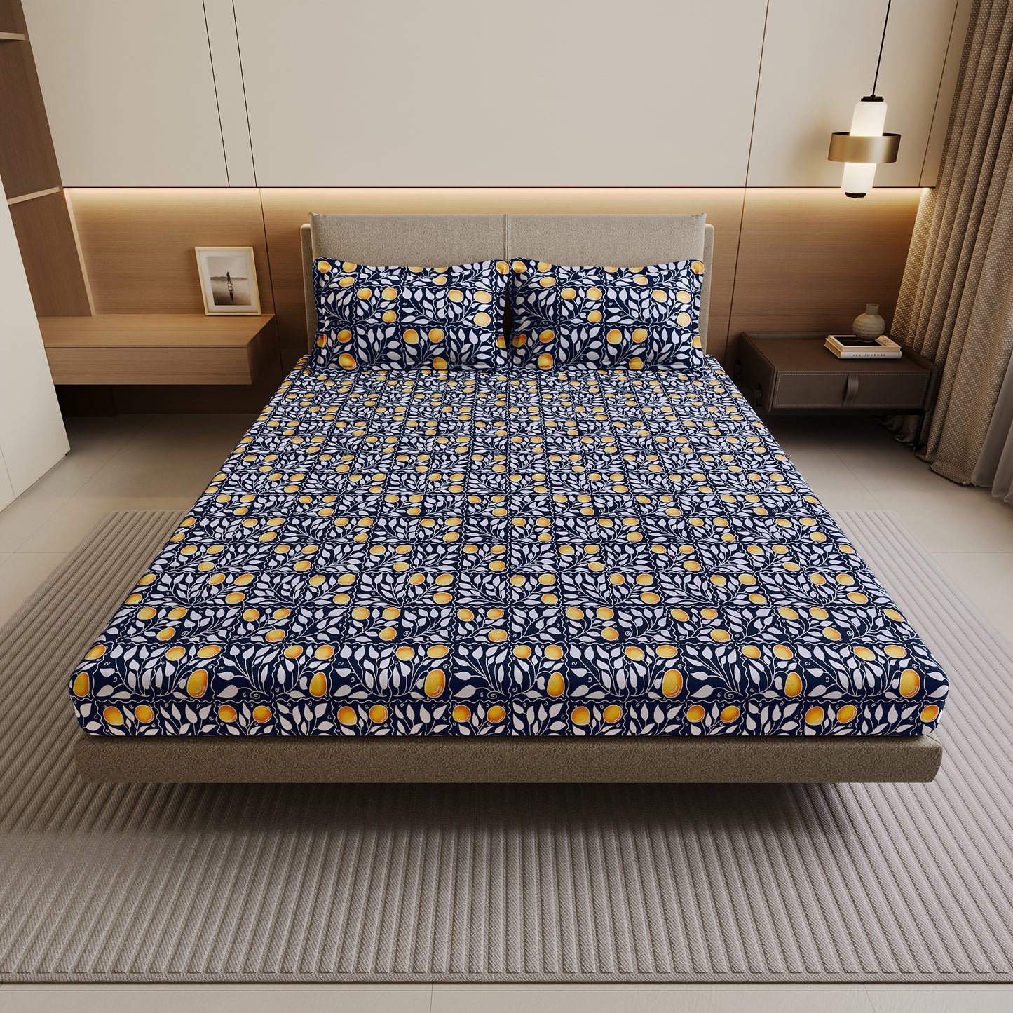 Navy & Orange Clementine Pattern Pure Cotton Double Bedsheet