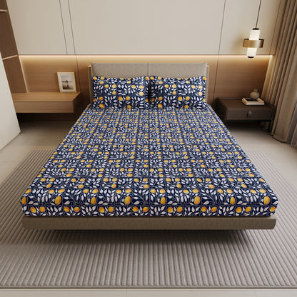 Navy & Orange Clementine Pattern Pure Cotton Double Bedsheet