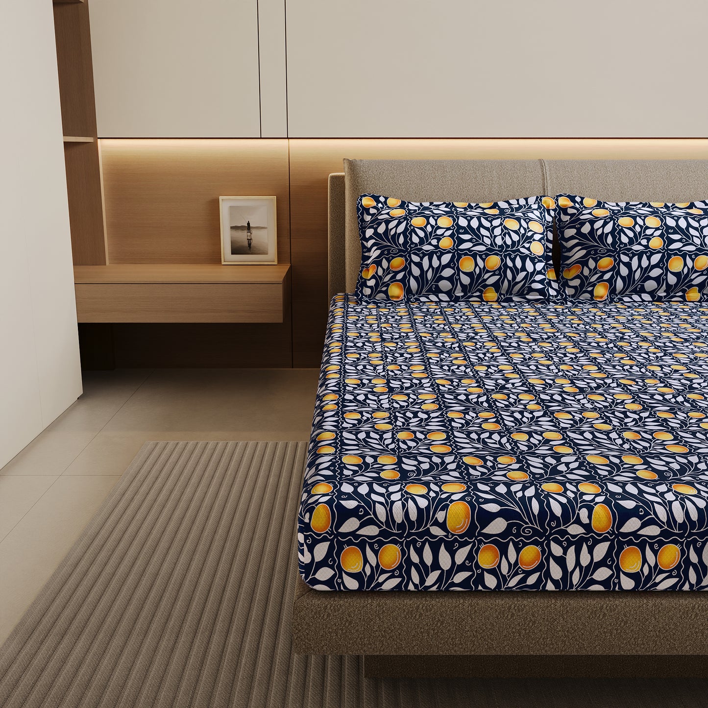 Navy & Orange Clementine Pattern Pure Cotton Double Bedsheet