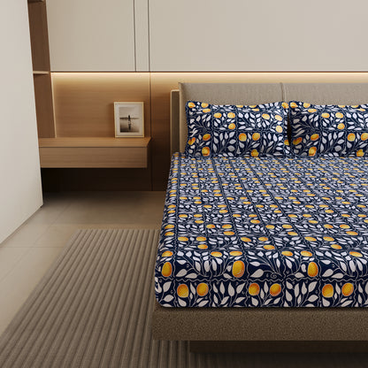 Navy & Orange Clementine Pattern Pure Cotton Double Bedsheet