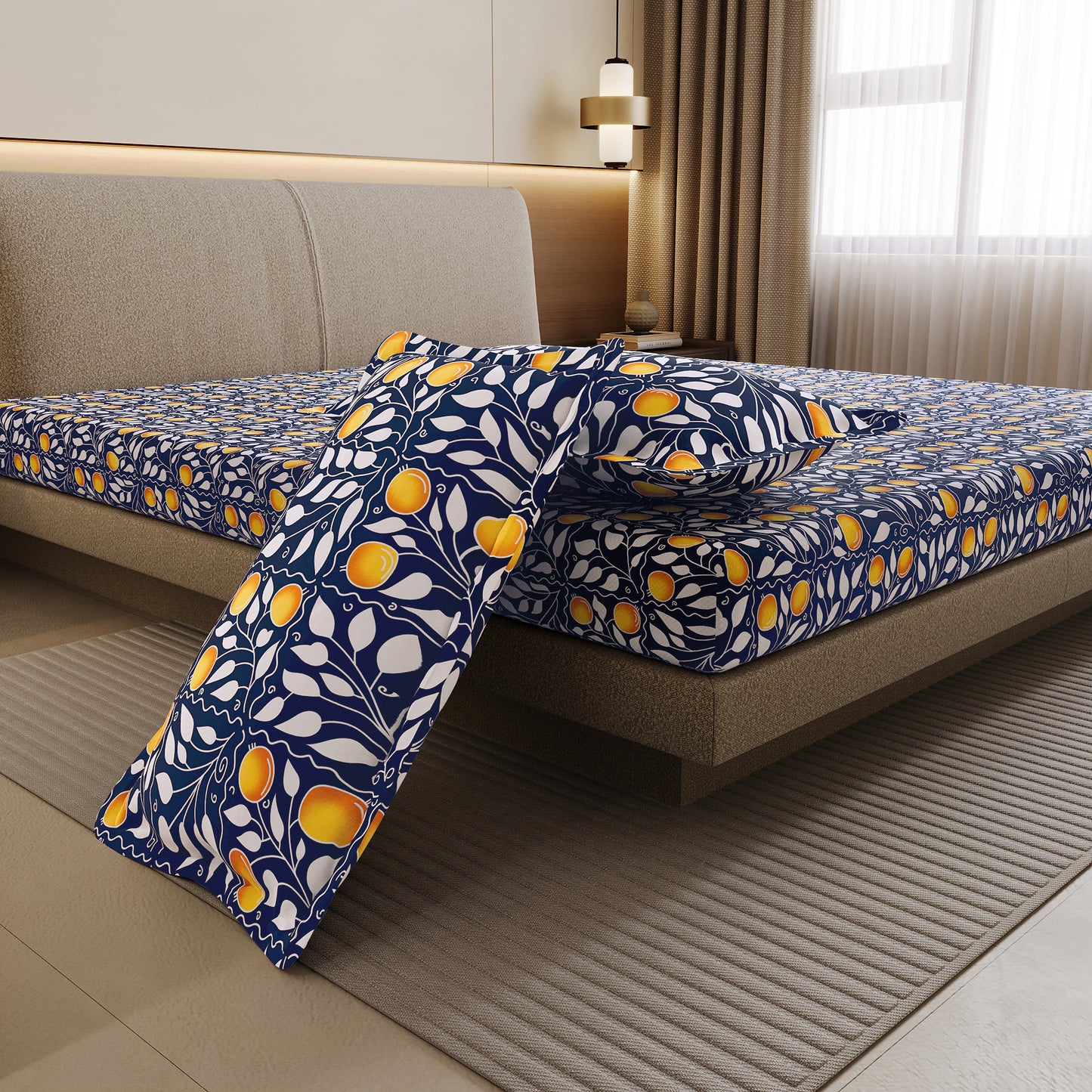 Navy & Orange Clementine Pattern Pure Cotton Double Bedsheet
