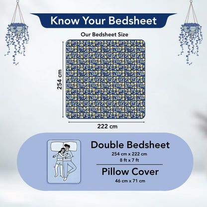 Navy & Orange Clementine Pattern Pure Cotton Double Bedsheet