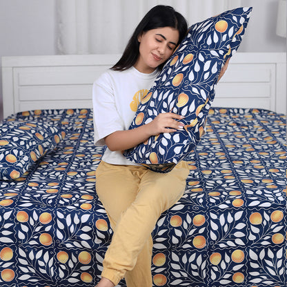 Navy & Orange Clementine Pattern Pure Cotton Double Bedsheet