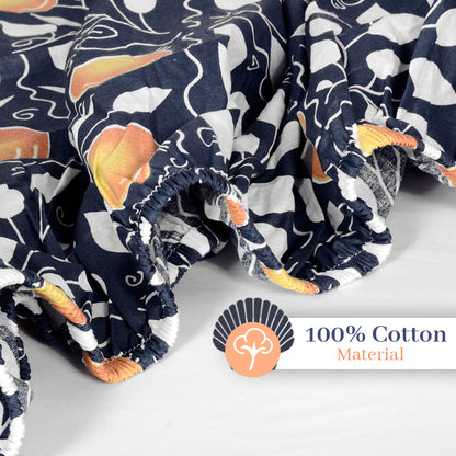 Navy & Orange Clementine Pattern 144 TC Cotton Elastic Fitted Single Bedsheet