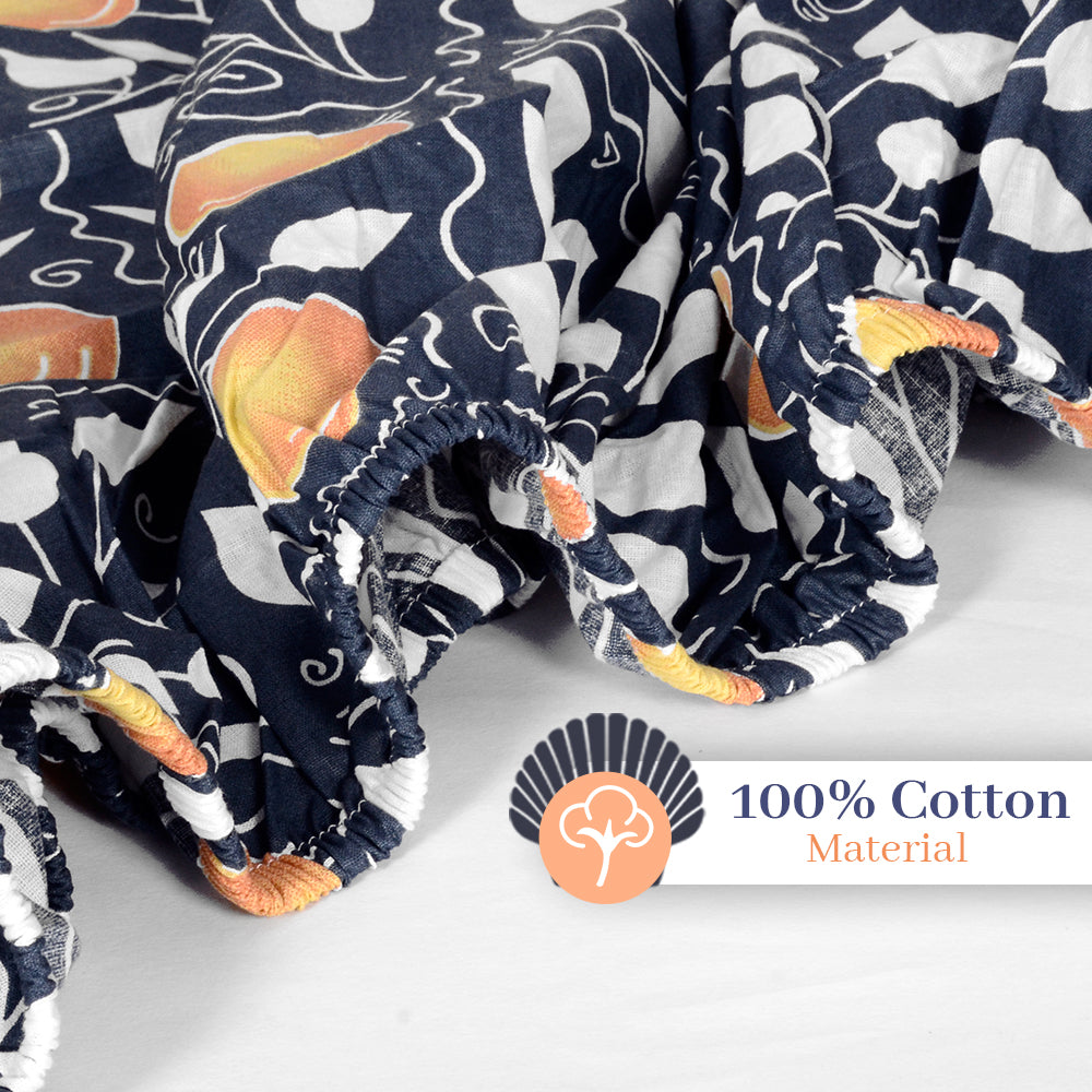 Navy & Orange Clementine Pattern 144 TC Cotton Elastic Fitted King Bedsheet