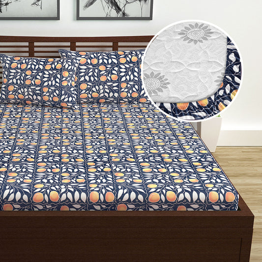 Navy & Orange Clementine Pattern 144 TC Cotton Elastic Fitted Double Bedsheet