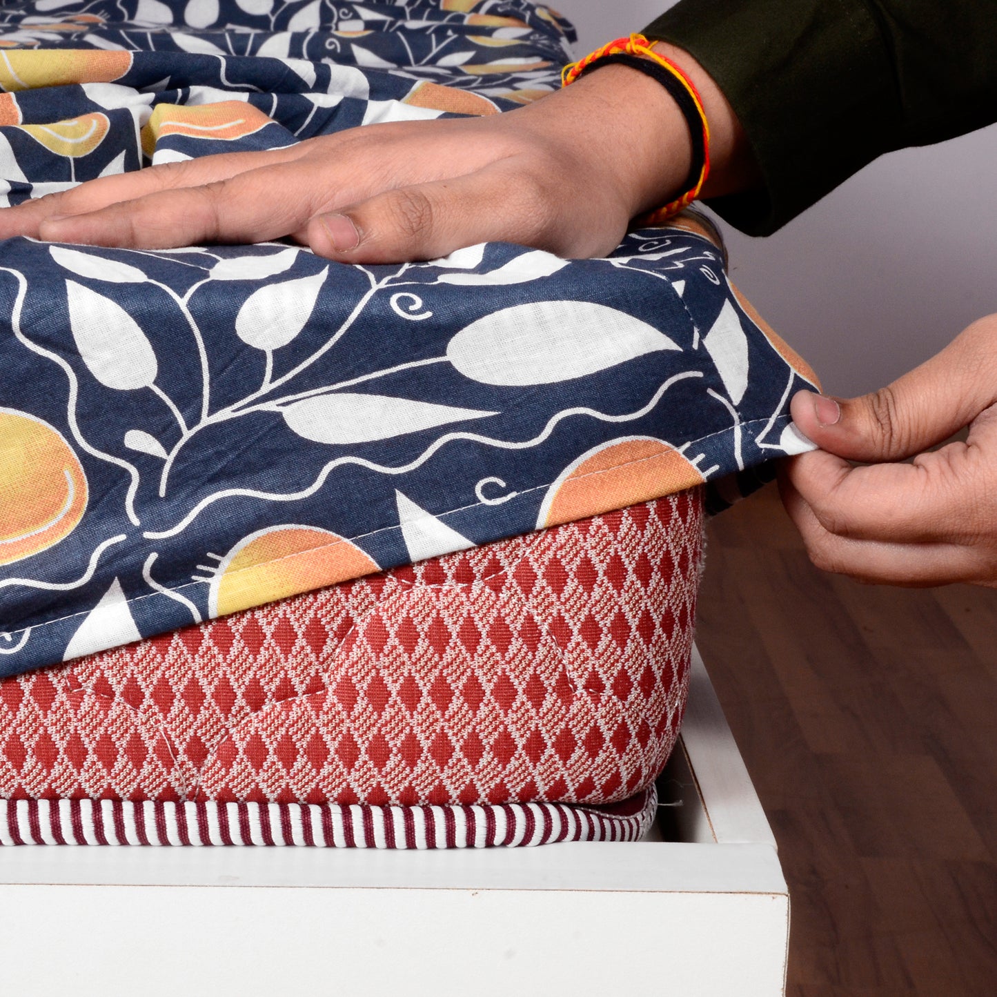 Navy & Orange Floral 144 TC Cotton King Fitted Bedsheet With 2 Pillowcovers