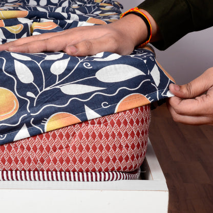 Navy & Orange Floral 144 TC Cotton King Fitted Bedsheet With 2 Pillowcovers