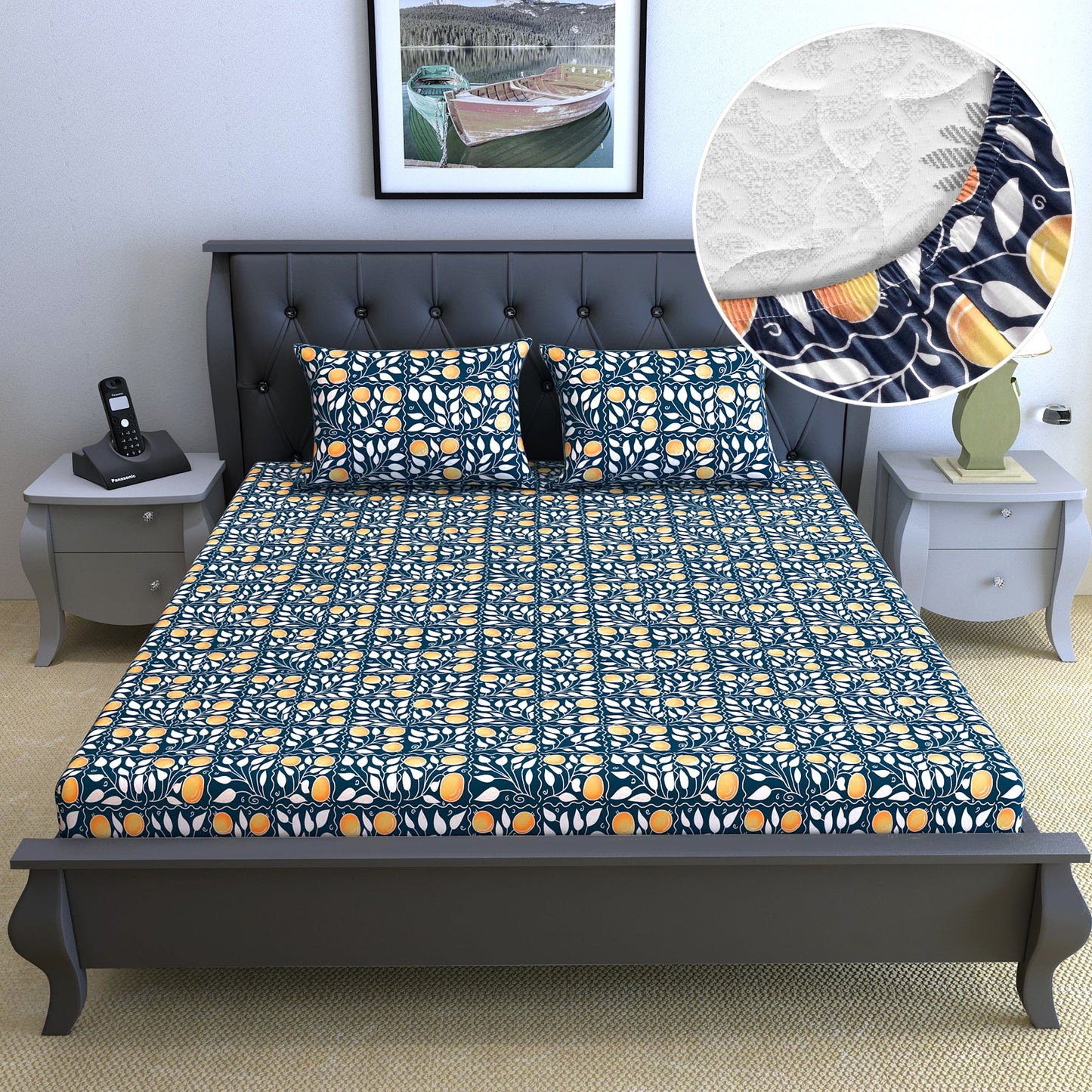 Navy & Orange Floral 144 TC Cotton King Fitted Bedsheet With 2 Pillowcovers