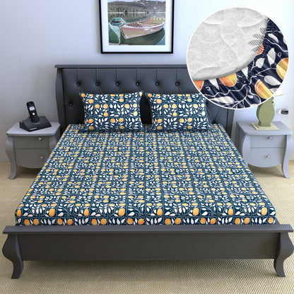 Navy & Orange Floral 144 TC Cotton King Fitted Bedsheet With 2 Pillowcovers